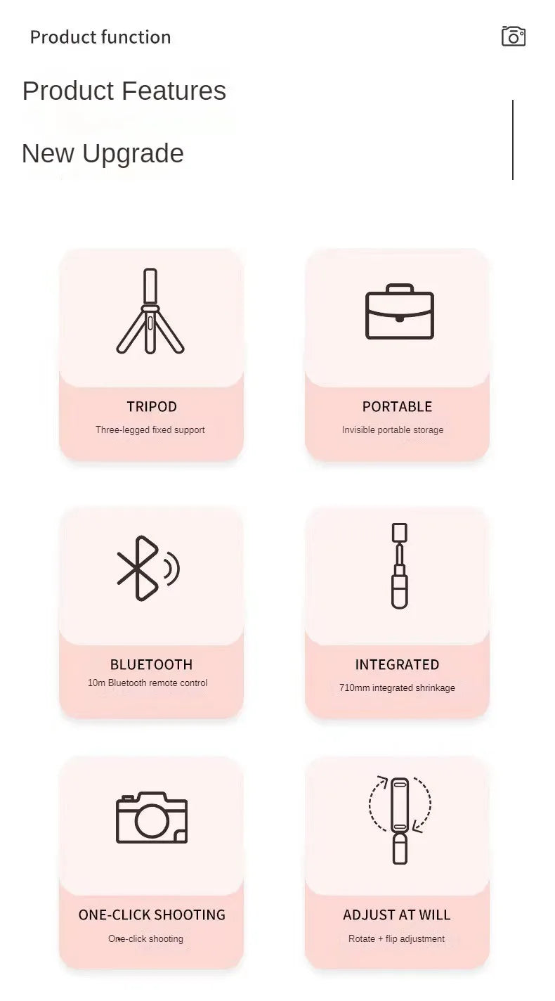 Product features with icons and text on a light pink background