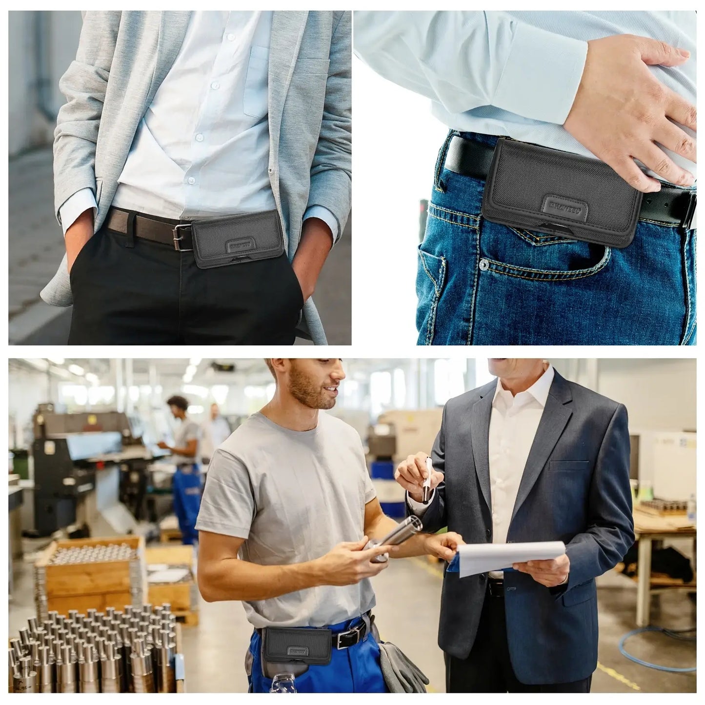 Collage of a person wearing a black belt with a phone case in an office setting