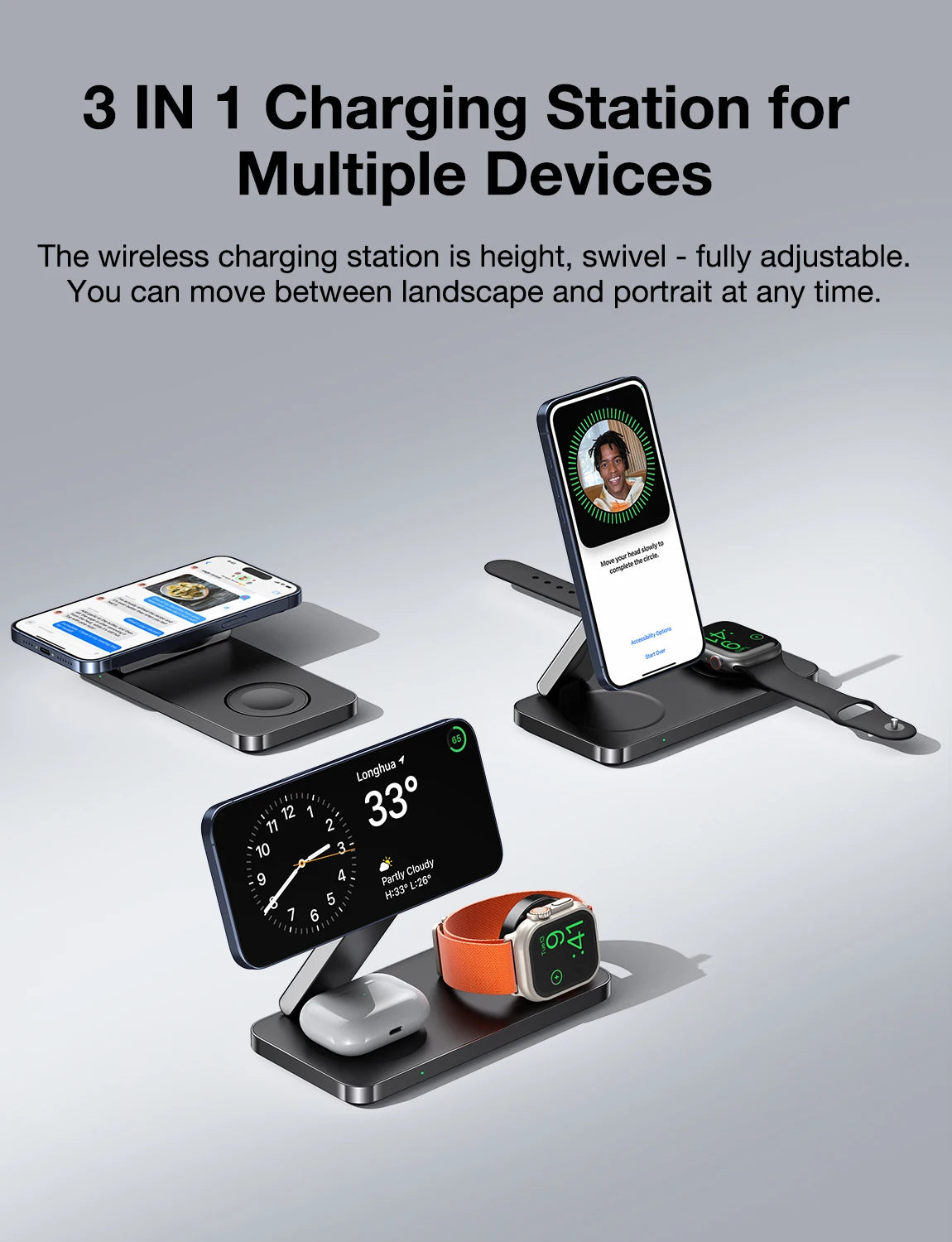 3-in-1 charging station for multiple devices with text on a gray background