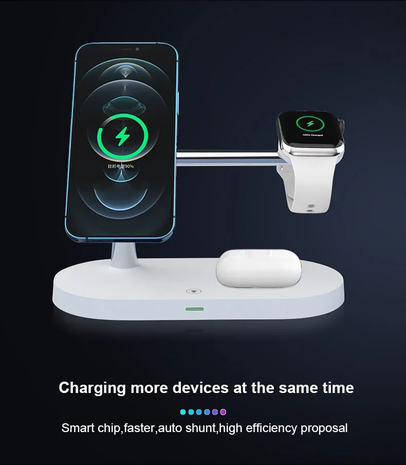 Multi-device charging stand with smartphone, smartwatch, and wireless earbuds on a dark background.
