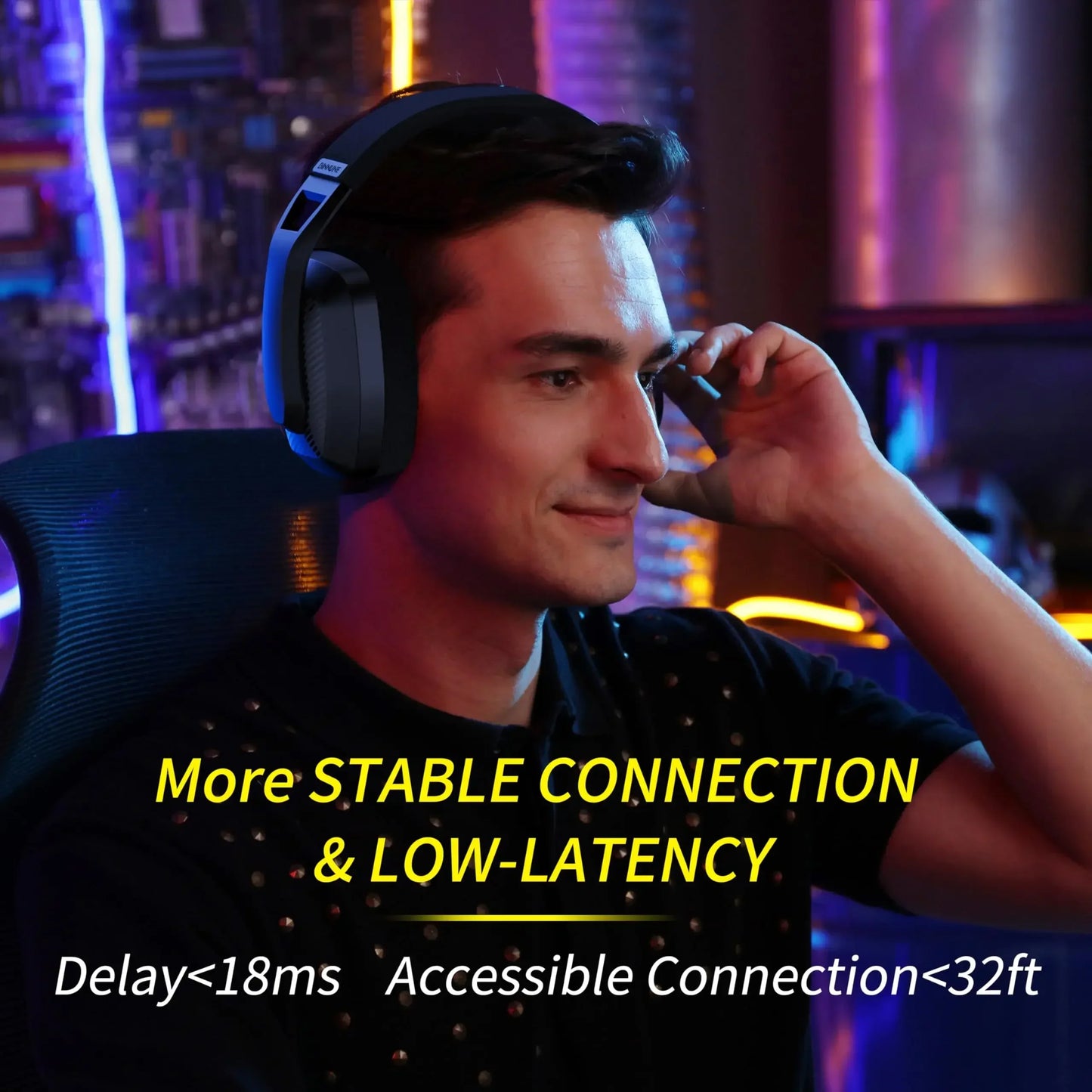 Man wearing headphones with text about stable connection and low latency in a gaming setup.