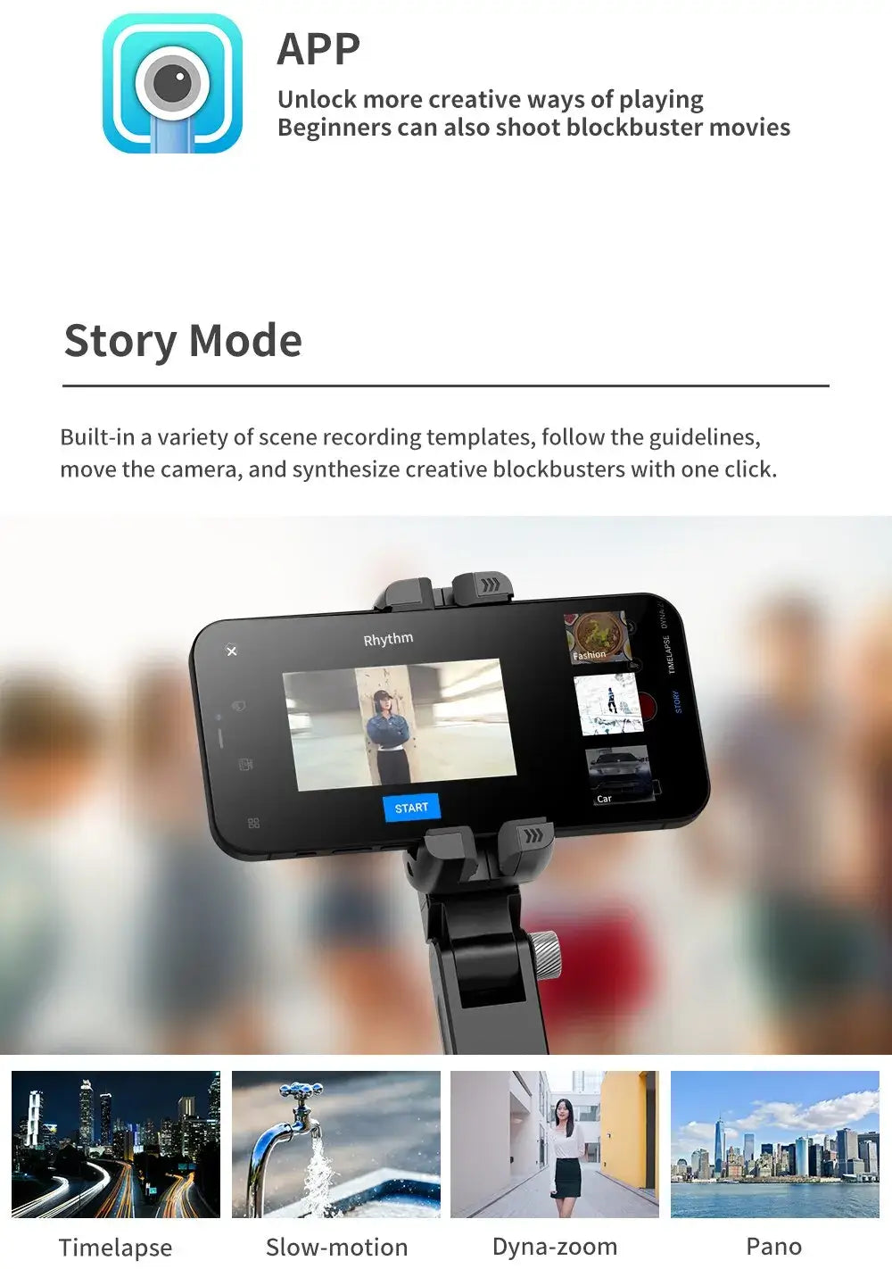 Phone with camera app interface showing 'Story Mode' features on a white background