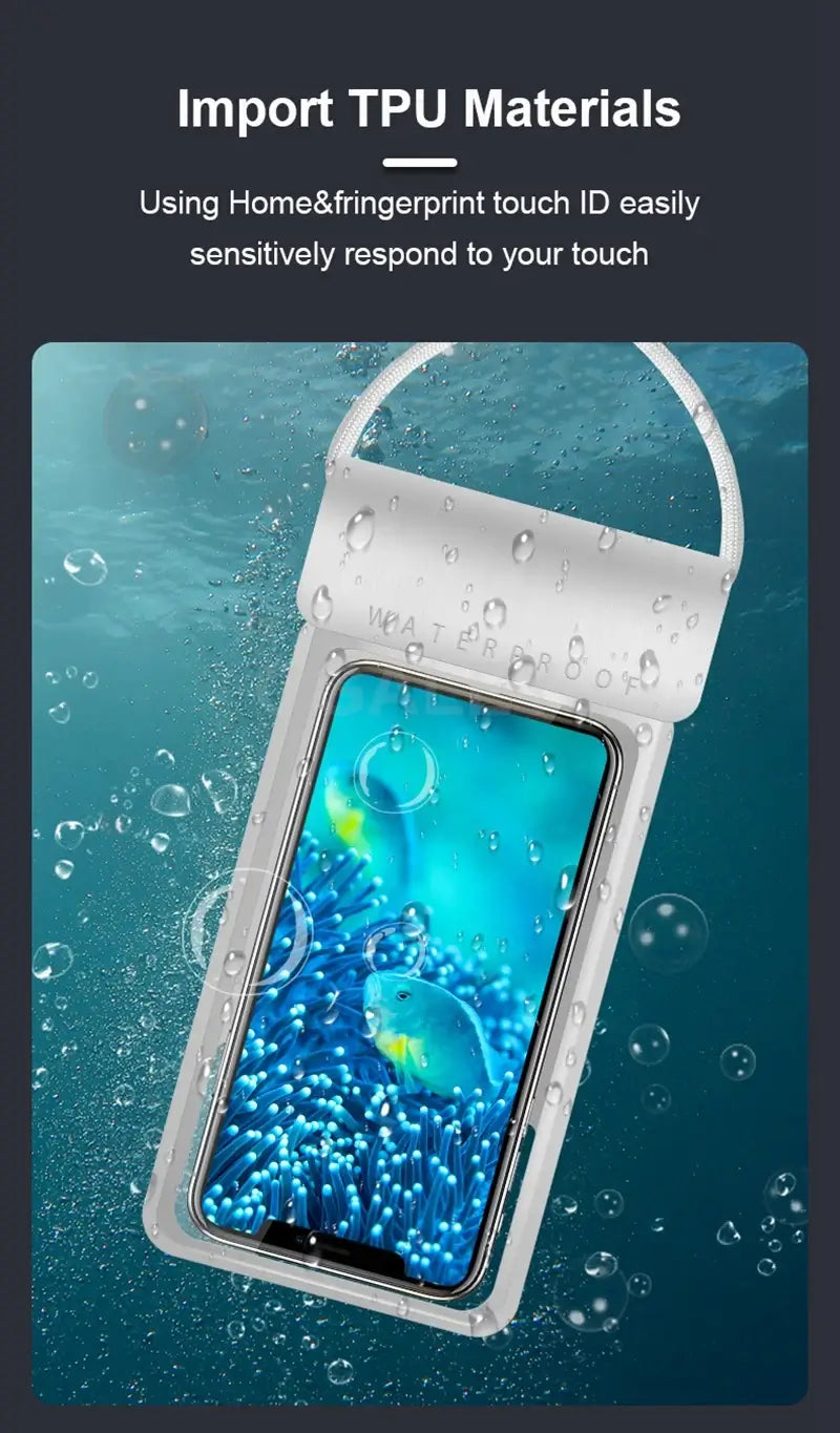Waterproof phone case with TPU material showing a phone screen underwater