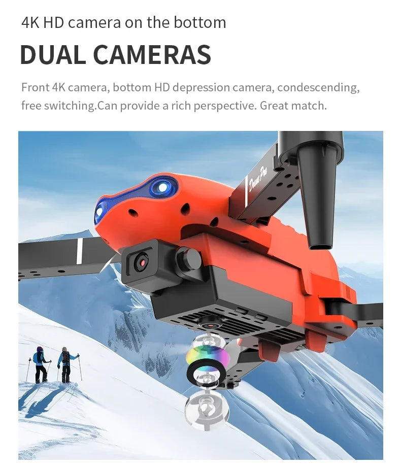 Dual camera system with 4K and HD cameras on a snowy mountain background