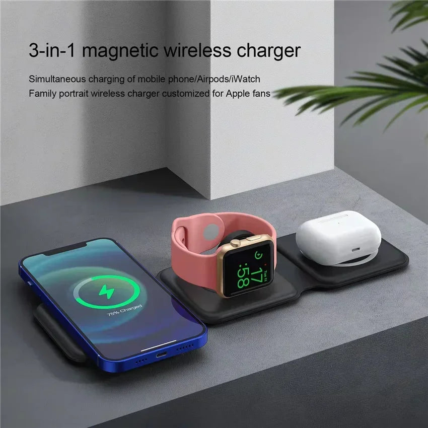 3-in-1 magnetic wireless charger charging a phone, Airpods, and smartwatch on a gray surface.