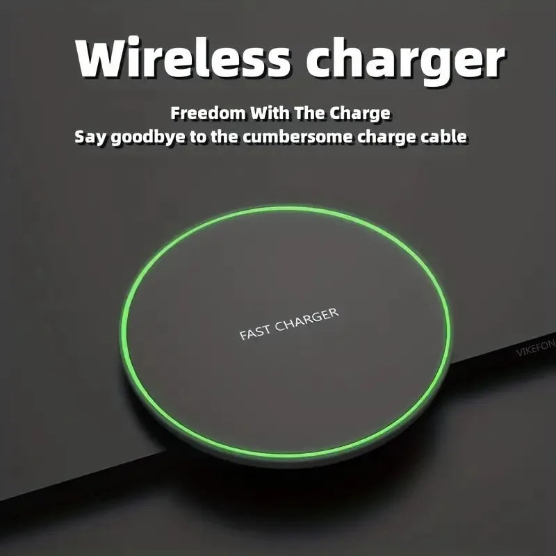 30W fast wireless charging pad with green LED ring and sleek round black design.