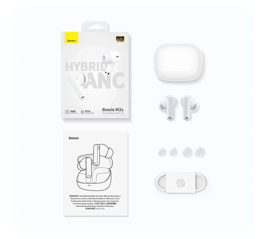 Bowie M2s wireless earbuds with packaging and accessories on a white background