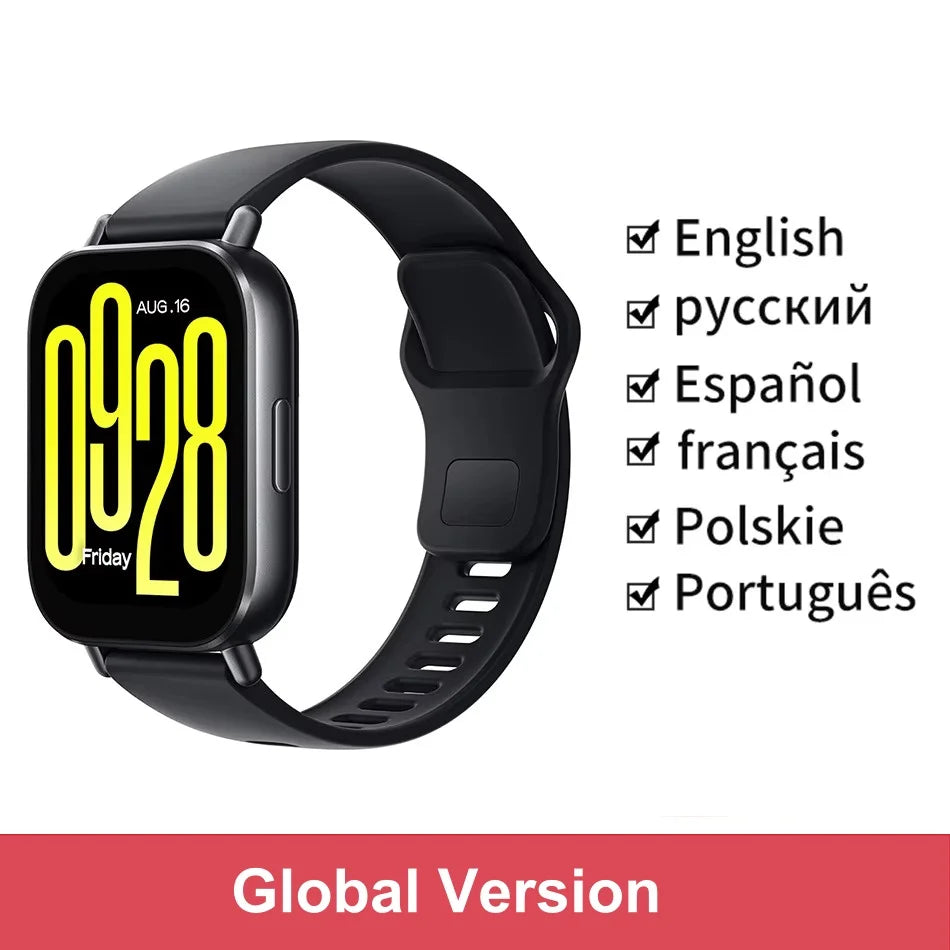 Smartwatch with a black band displaying the date and day, on a white background with language options text.