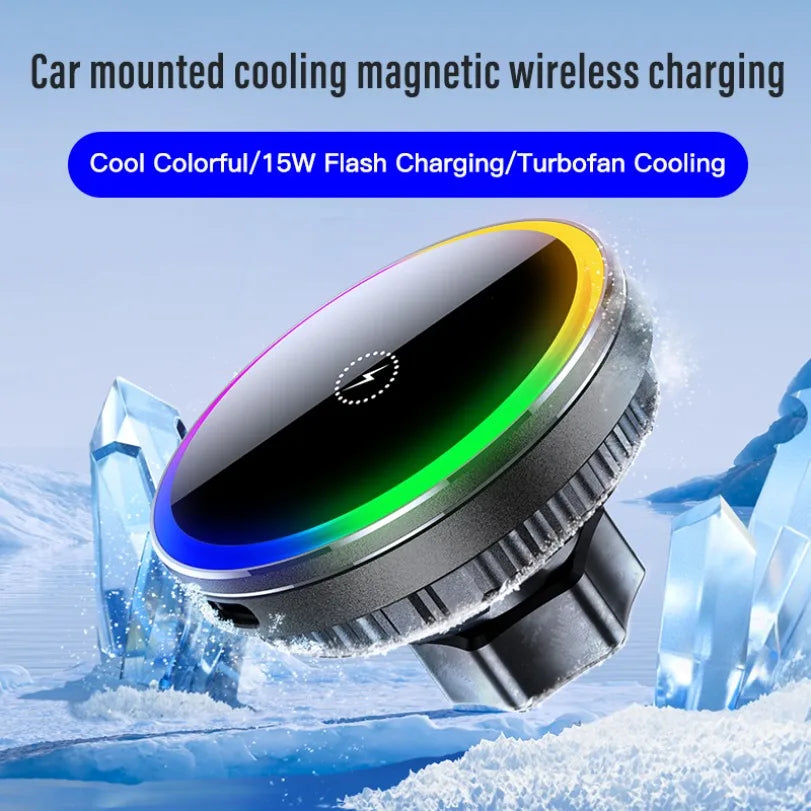 Car-mounted cooling magnetic wireless charging device with colorful LED lights on a snowy background