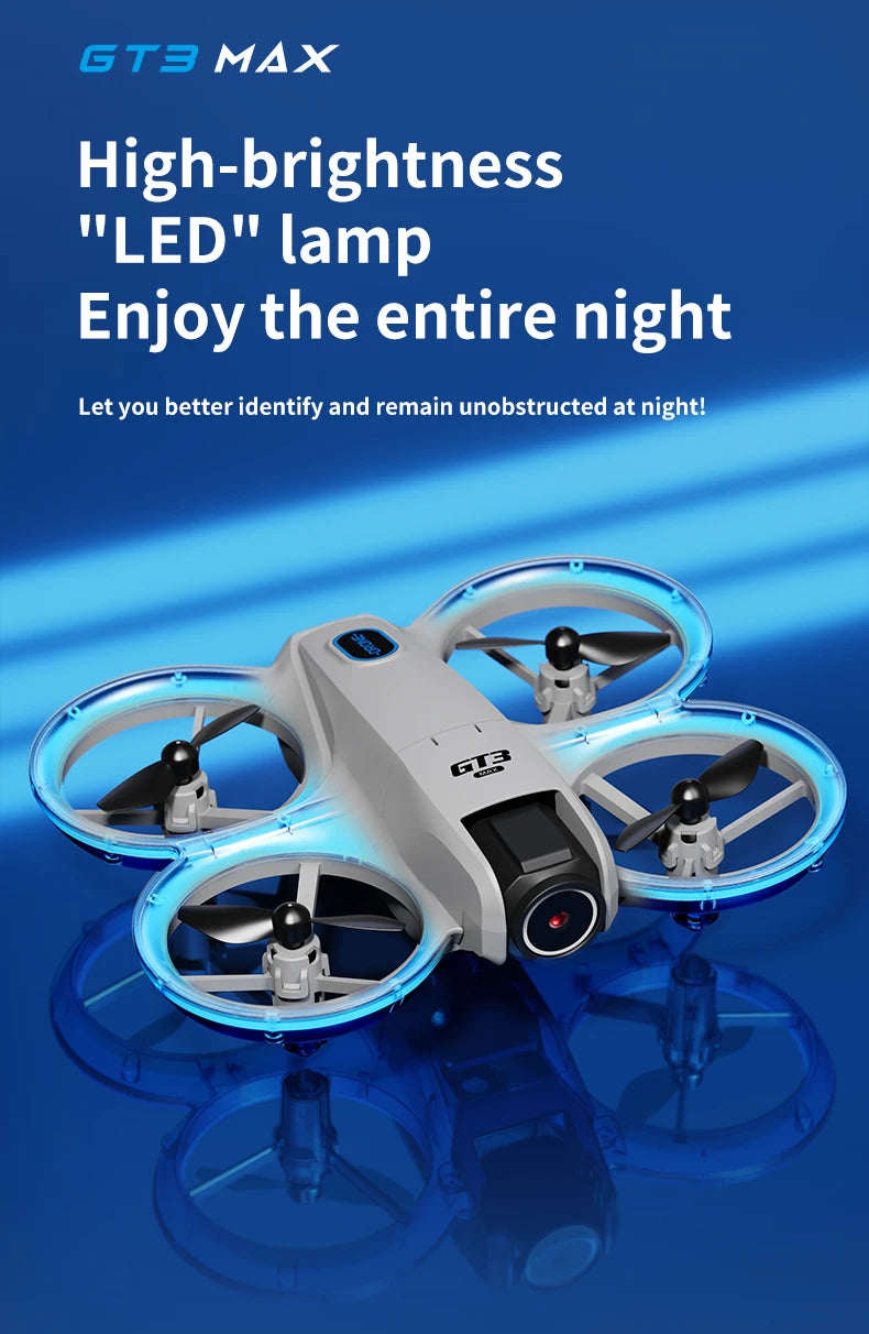 Drone with high-brightness LED lamp on a blue background