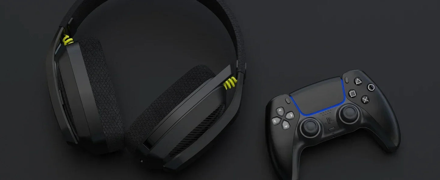 Black gaming headset and controller on a dark background