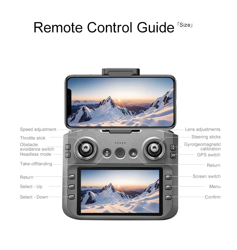 Remote control device with touchscreen display showing mountain landscape, labeled with functions.
