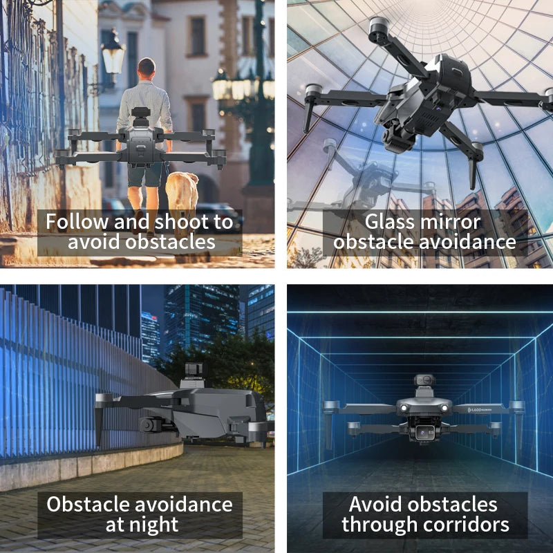 Collage of a drone in various scenarios with text on obstacle avoidance features.