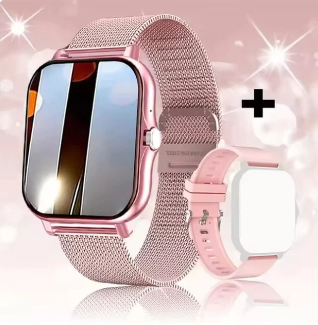 Rose gold smartwatch with mesh band on a pink background
