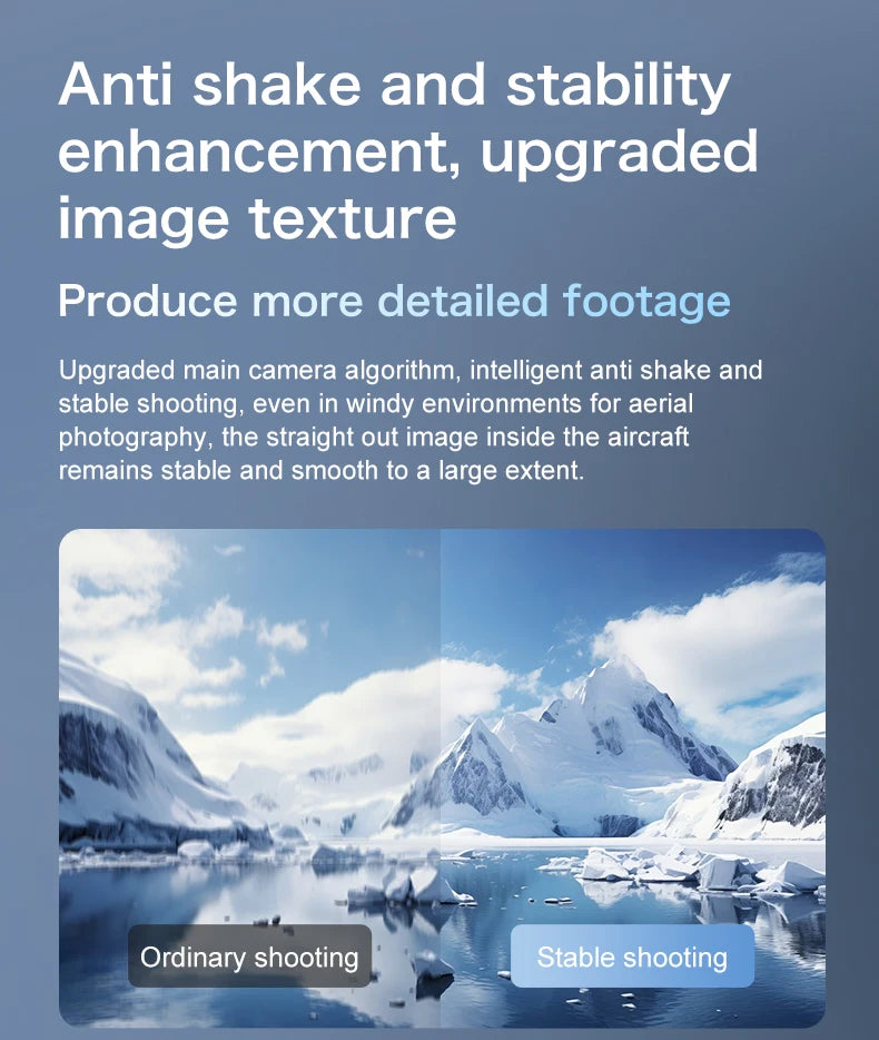 Promotional image of a snowy landscape with text about anti-shake and stability enhancement.