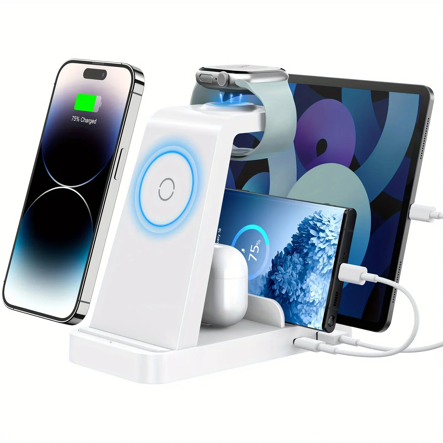 Multi-device charging station with smartphone, tablet, and headphones on a white background