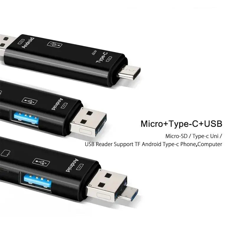 Three USB readers with Micro, Type-C, and USB connections on a white background