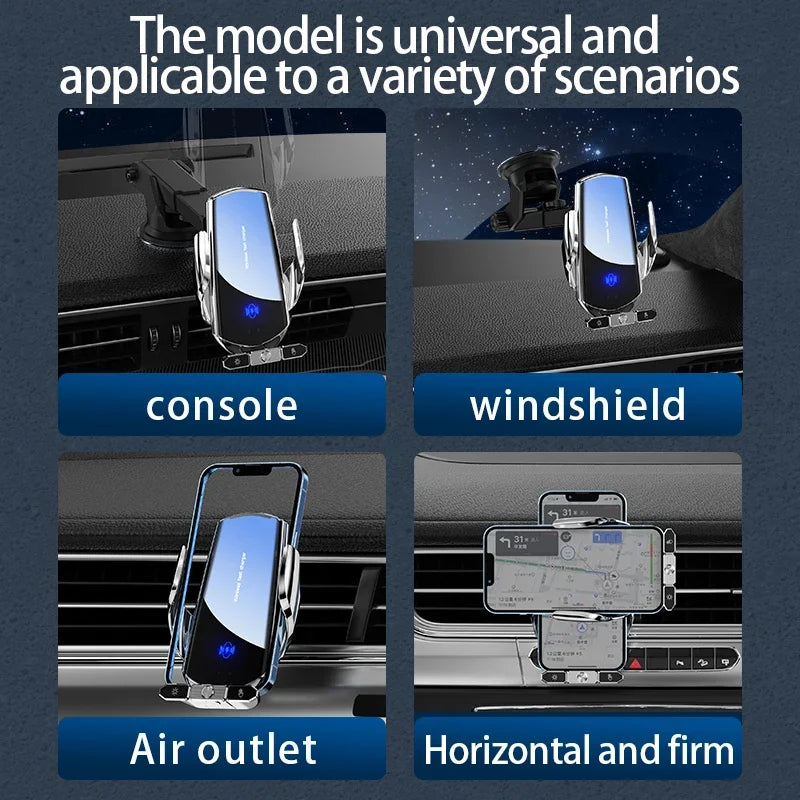 Car phone holder demonstrating its use on console, windshield, air outlet, and horizontal positions.