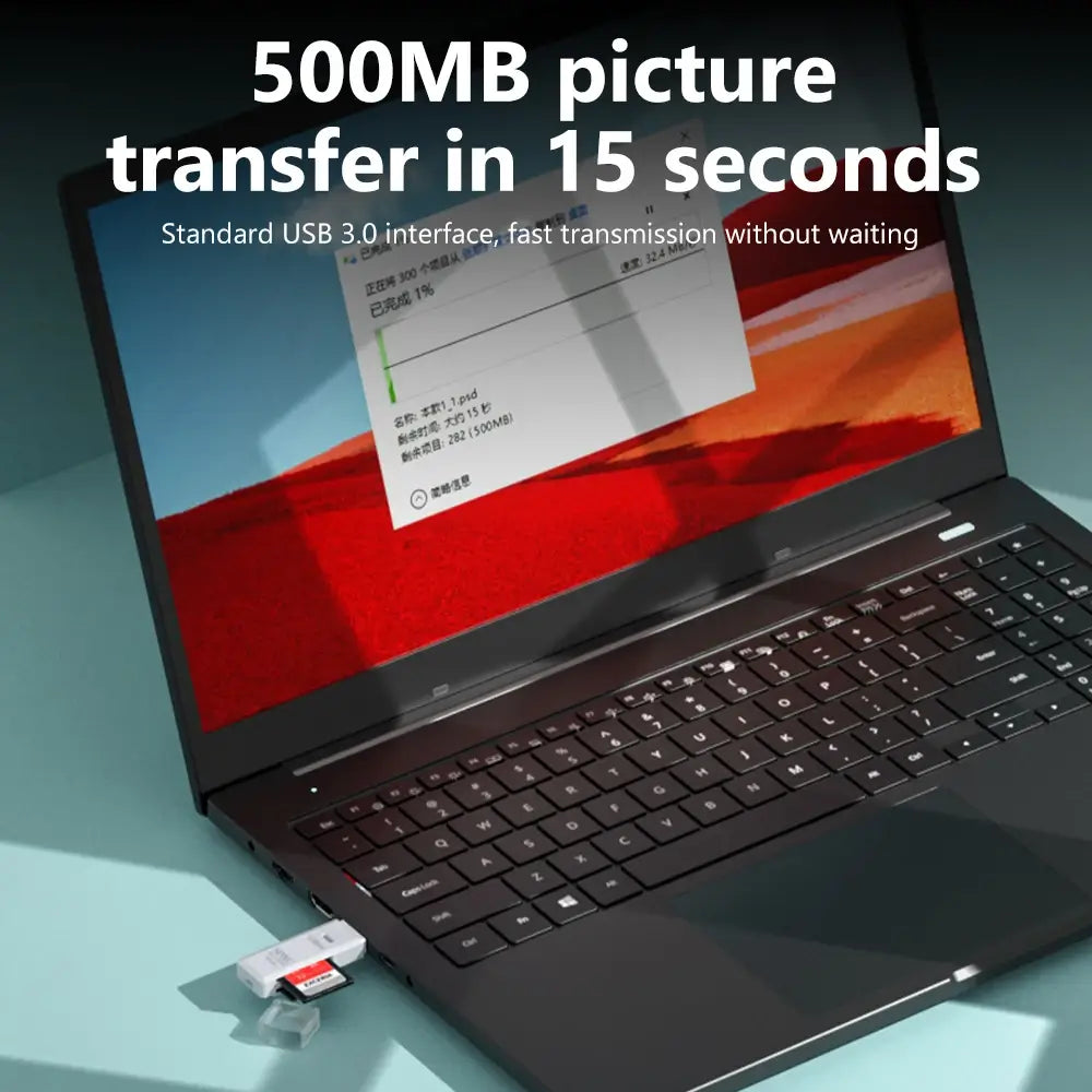 Laptop with USB device and text about fast photo transfer