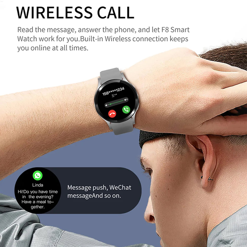Person wearing a smartwatch with text about wireless call and message features.