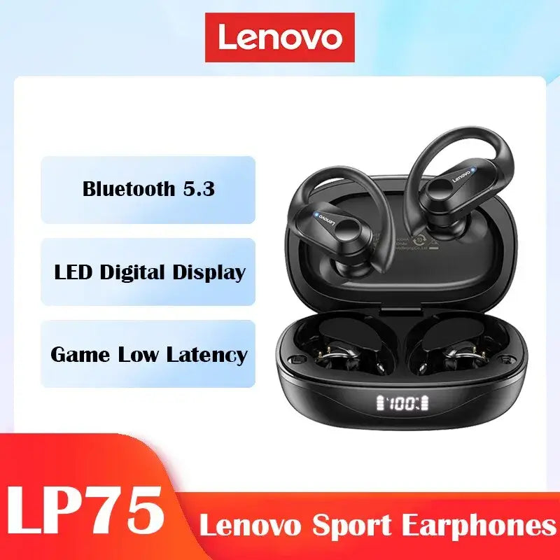 Lenovo Sport Earphones with charging case displayed on a light blue background
