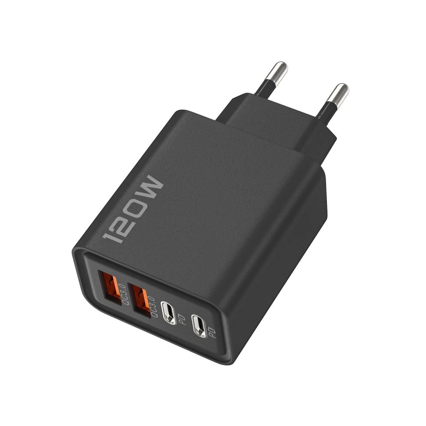 Black 120W power adapter with multiple ports on a white background