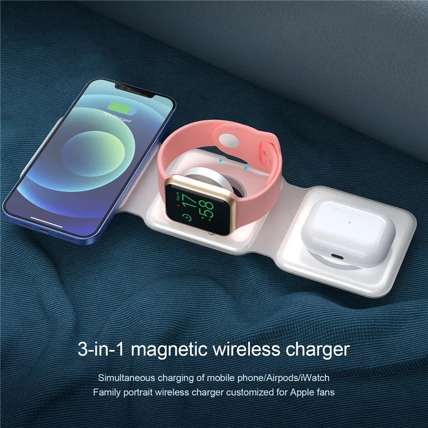 3-in-1 magnetic wireless charger with smartphone, smartwatch, and earbuds on a dark blue fabric background.