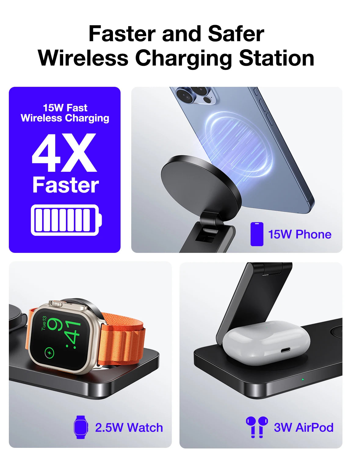 Wireless charging station with fast charging capabilities for phone, watch, and airpods.