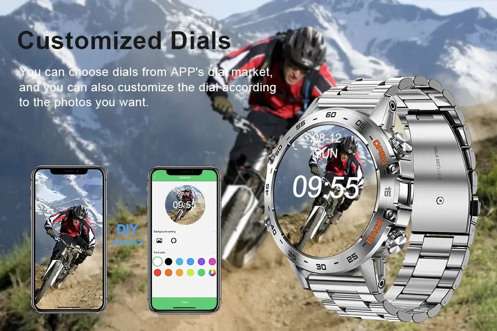 Melanda Smartwatch with customizable dials set against mountainous background, featuring cyclist and smartphone app interface