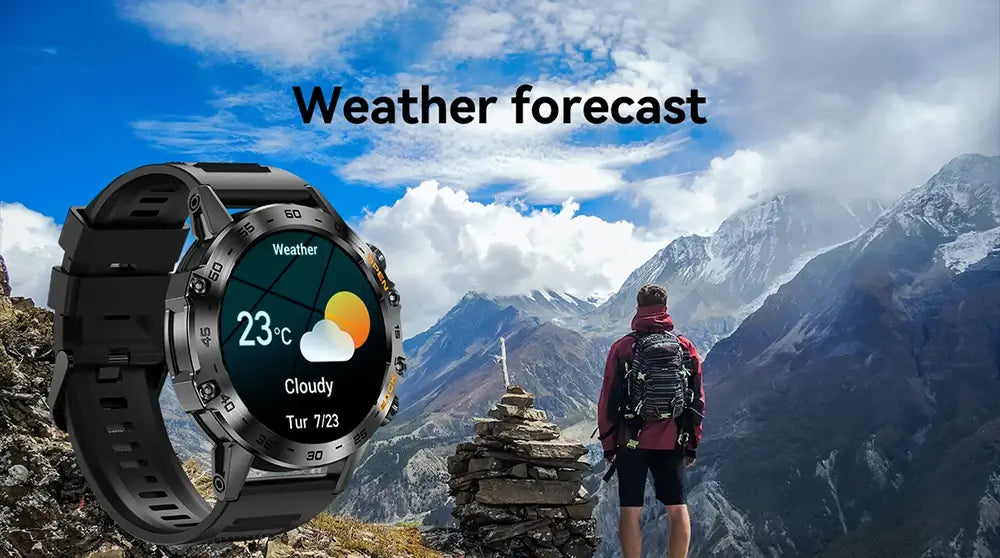 Melanda Smartwatch displaying weather forecast alongside hiker in mountainous terrain
