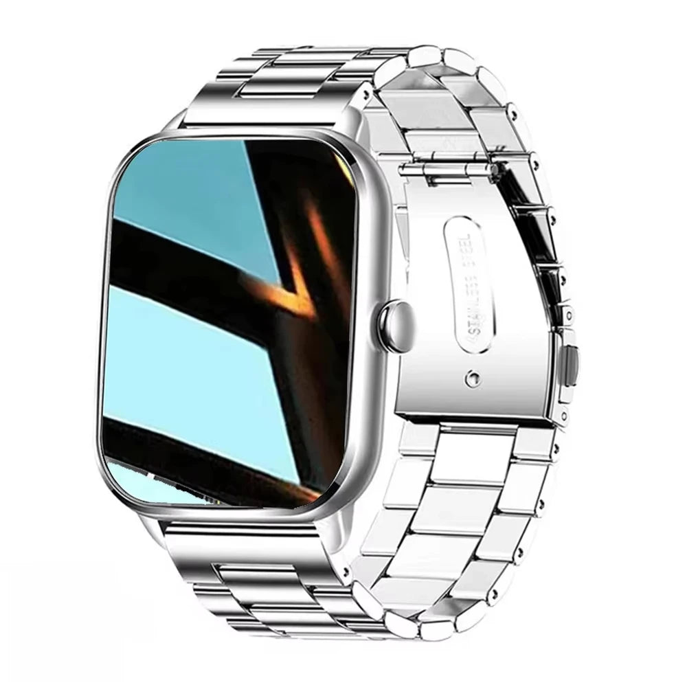 Silver smartwatch with metal band on a white background
