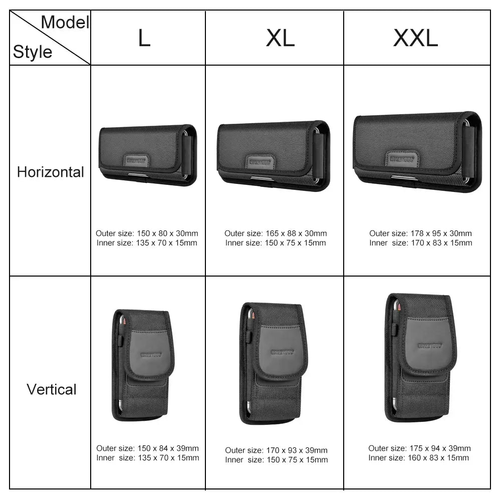 Table displaying various sizes and styles of black phone cases with corresponding measurements