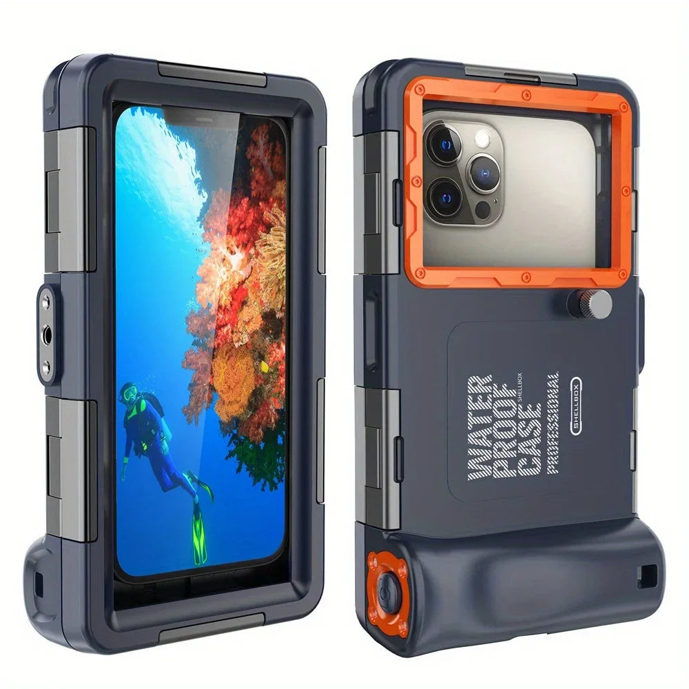 Waterproof phone case with scuba diver and coral reef display on screen