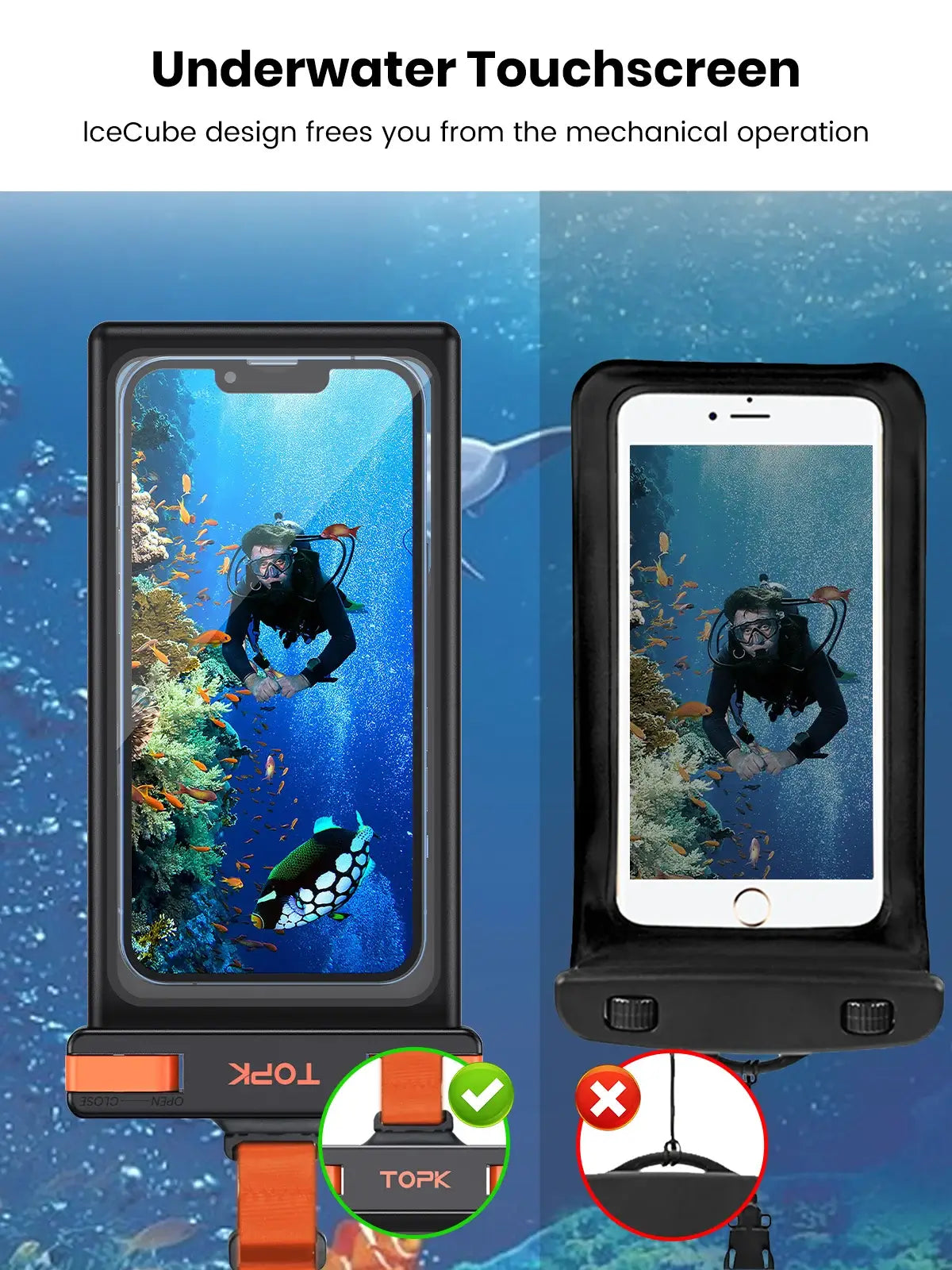 Underwater waterproof phone pouch with touchscreen feature, displaying scuba diver image on screen and visible 'TOPK' branding