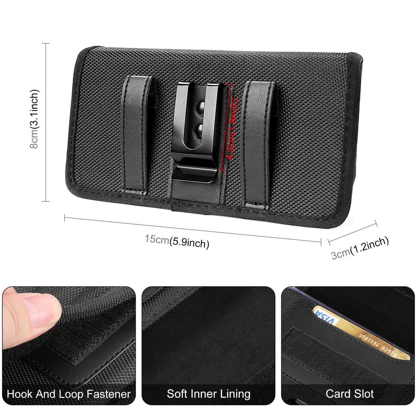 Black phone holster with dimensions and highlighted features on a white background