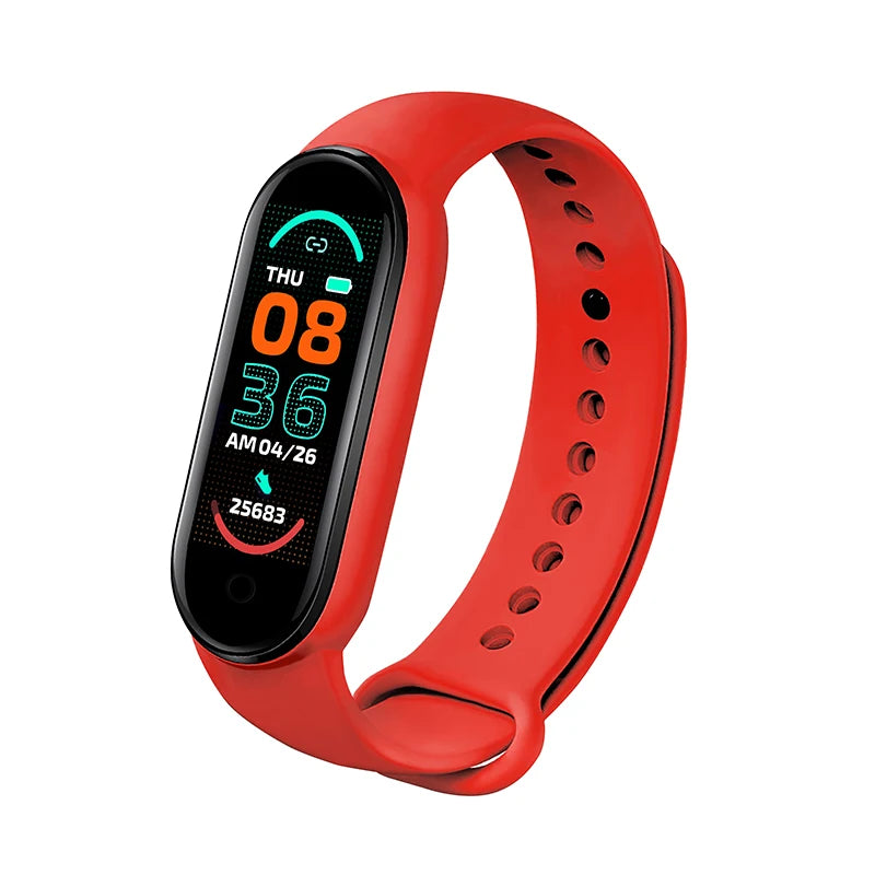 Red smartwatch with a digital display on a white background