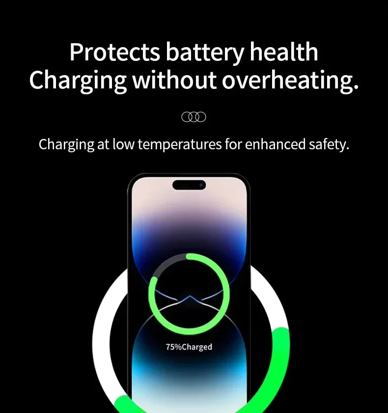 Smartphone with charging display on a black background, featuring text about battery health and charging safety.