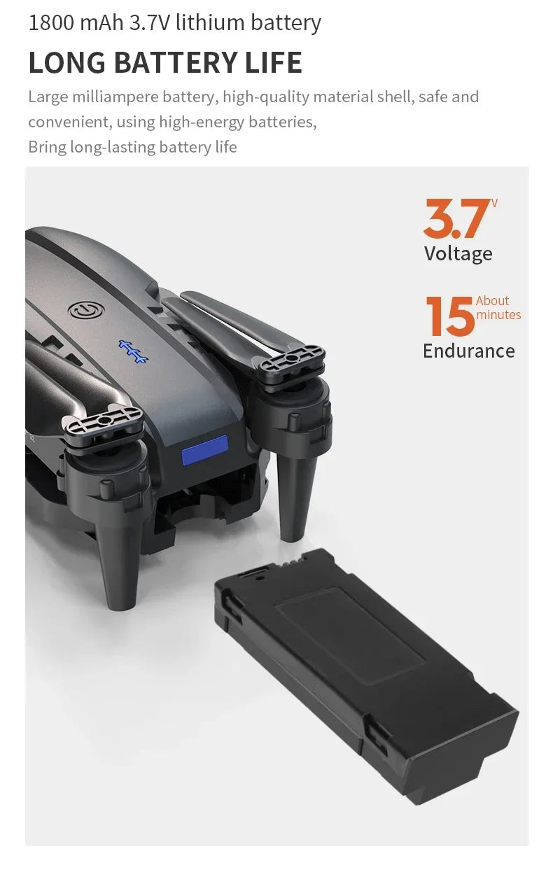 Drone with battery pack and specifications on a white background