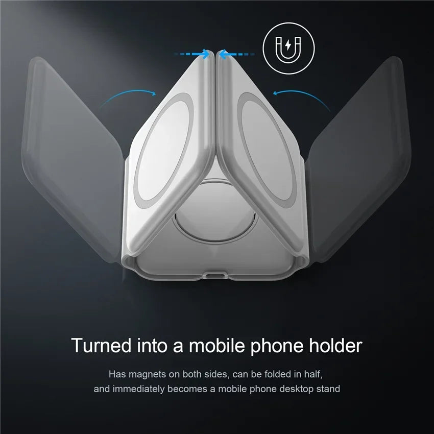 Foldable phone holder with magnets on a dark background