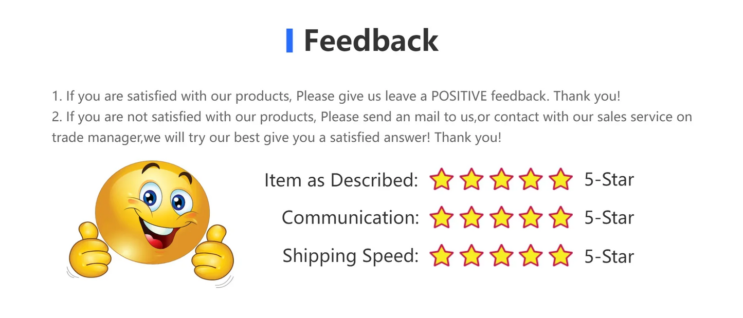 Feedback form with star ratings for product description, communication, and shipping speed on a white background.