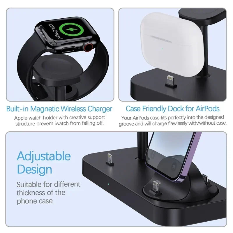 Multi-device charging stand with Apple watch holder, AirPods case dock, and adjustable design features.