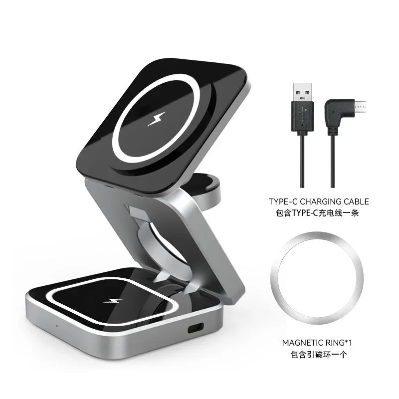 Wireless charging stand with magnetic ring and USB cable on a white background