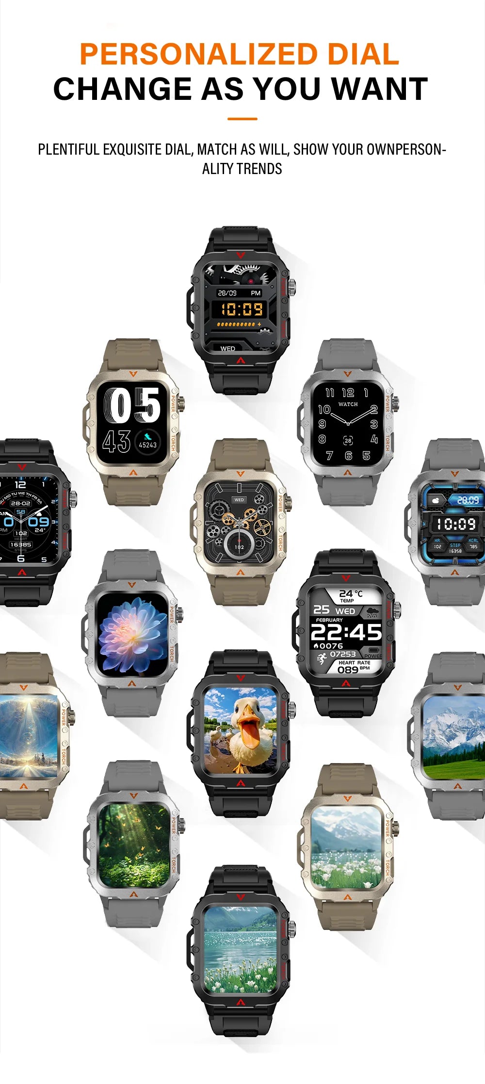 Collection of smartwatches with various display faces on a white background