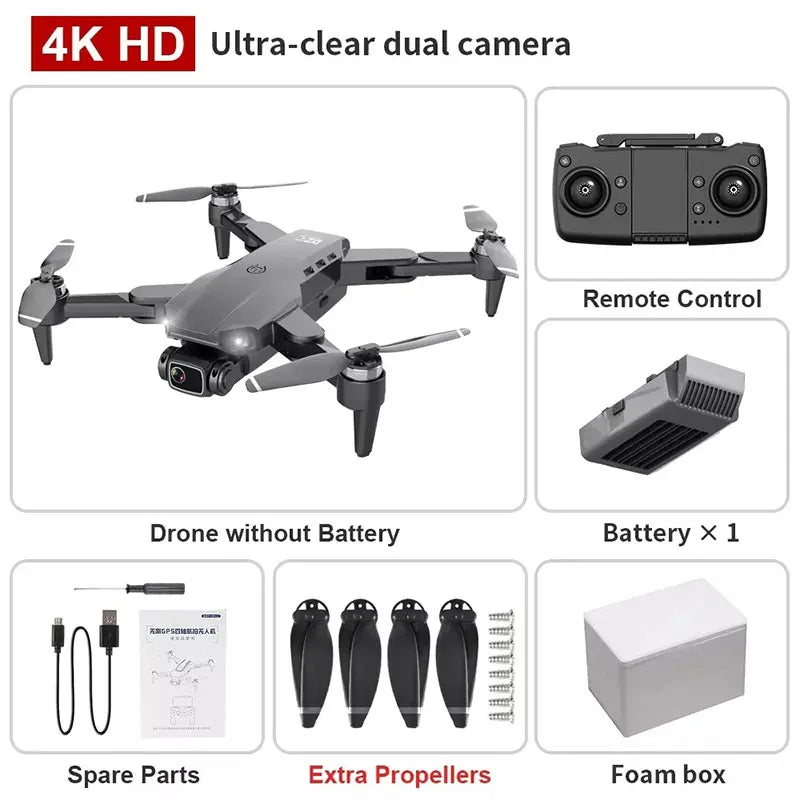 Drone set with remote control, battery, spare parts, and foam box on a white background.