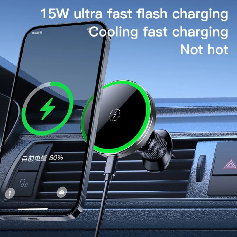 Car air vent with wireless charging pad and smartphone, highlighting fast charging features.