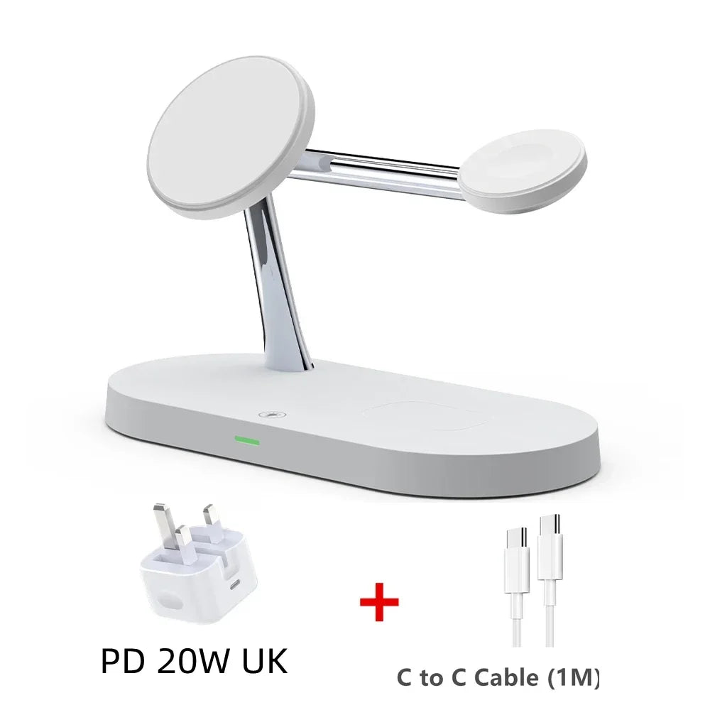 White charging station with two phone stands, power adapter, and cable on a white background
