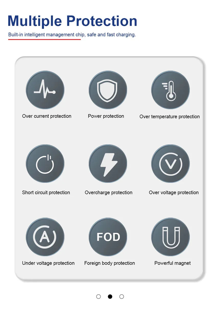 Multiple protection features of magnetic wireless charger including over-current, temperature, short circuit, and over-voltage safety.