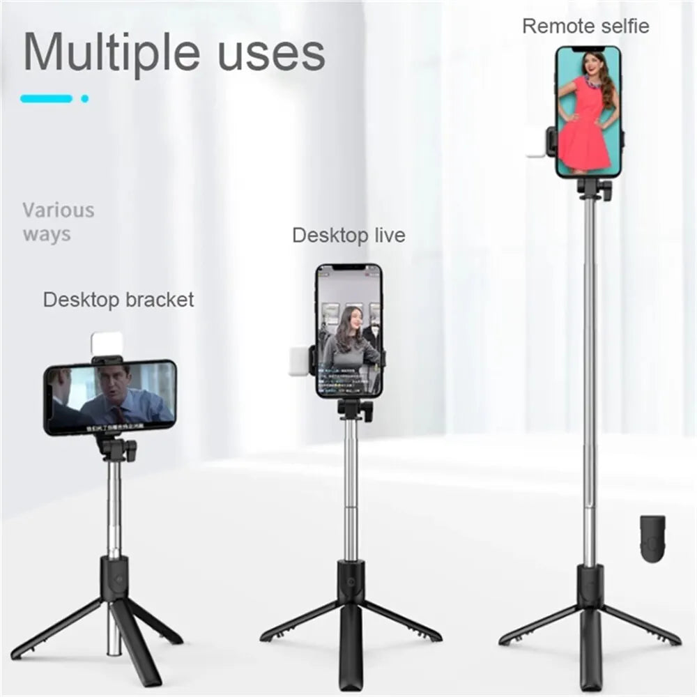 Smartphone holder with multiple uses including remote selfie, desktop live, and desktop bracket on a white background.
