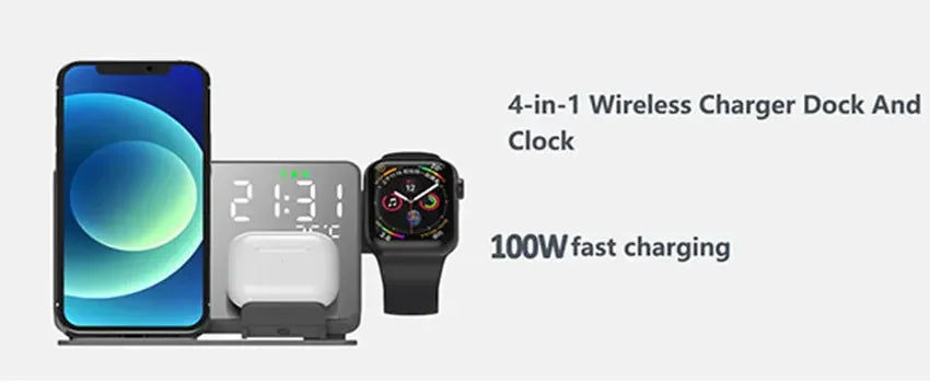 4-in-1 wireless charger dock with smartphone, smartwatch, and clock display on a white background.