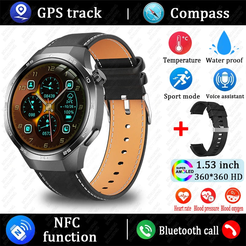 Smartwatch with brown leather strap and feature icons on a white background